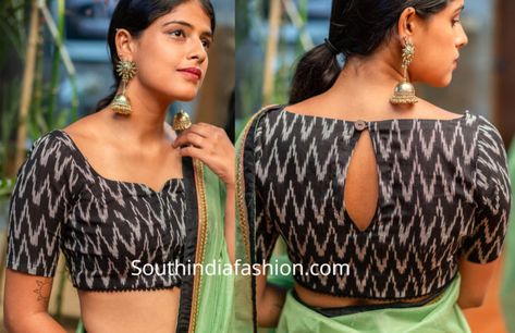 Kalamkari Blouse Designs, Ikat Blouse Designs, Neck Patterns, Ikat Blouse, House Of Blouse, Kalamkari Blouse, Blouse Designs High Neck, Boat Neck Blouse Design, Cotton Saree Blouse Designs