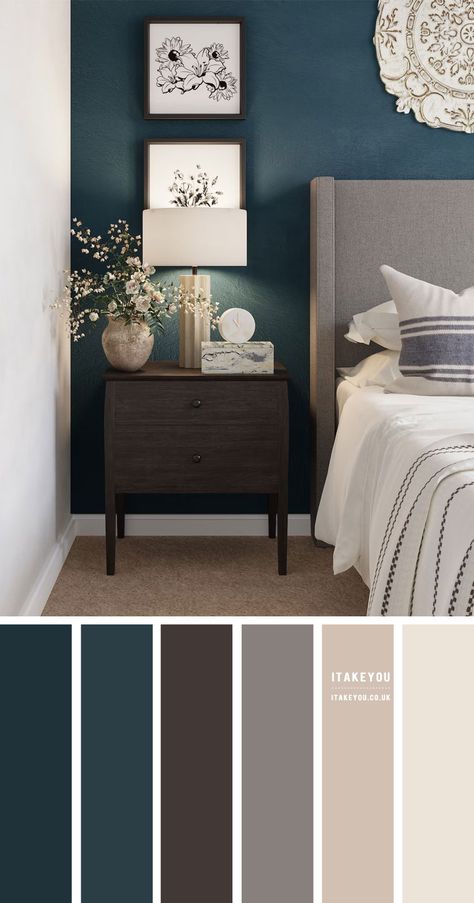 Blue Gray Green Bedroom, Dark Teal And Grey Bedroom Master, Blue Gray And Green Bedroom, Dark Gray Blue Bedroom, Dark Brown And Blue Bedroom, Teal Green And Grey Bedroom, Dark Blue Green Bedroom Walls, Bedroom Blue Grey Walls, Navy Blue Bedroom Color Palette