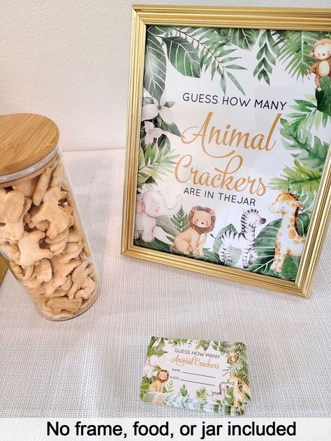 DIY safari theme animal cracker guessing game. Includes 2x3.5" cards and 8x10 inch sign made of cardstock (no frame). A fun coed baby shower game that you can award with prizes. Place it next to a jar full of animal crackers and let your guests write their answers. The closest one wins.  No frame, jar, or food included. More safari options sold separately: https://www.etsy.com/shop/digitaldoodlebug?ref=seller-platform-mcnav&section_id=45147600 Safari Shower Ideas, Zoo Baby Shower, Safari Baby Shower Decorations, Wild Baby Shower, Safari Baby Shower Boy, Lion Baby Shower, Jungle Safari Baby Shower, Baby Shower Safari Theme, Lion King Baby Shower