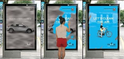 27 Awesome Billboards - This interactive poster lets users clean the air with their hands and reveals how using bicycles instead of automobiles would help. Interactive Poster, Interactive Advertising, Guerrilla Marketing, Bus Stops, Billboard Design, 광고 디자인, Publicidad Creativa, Street Marketing, Advertising Ideas