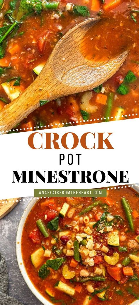 This Minestrone Soup is chock full of fresh vegetables, and so simple to make. Everything, including a jar of pasta sauce, goes right in the crock pot so you can set it and forget it, making this the perfect soup recipe for busy weeknights to lazy weekends. Canned Minestrone Soup, Progresso Minestrone Soup Recipe, Minestrone Soup Beef, Beef Minestrone Soup Crockpot, Minnestonie Soup, Minastonie Soup, Crockpot Minestrone Soup Recipe, Mini Crockpot Recipes For One, Ministroni Soup Recipe