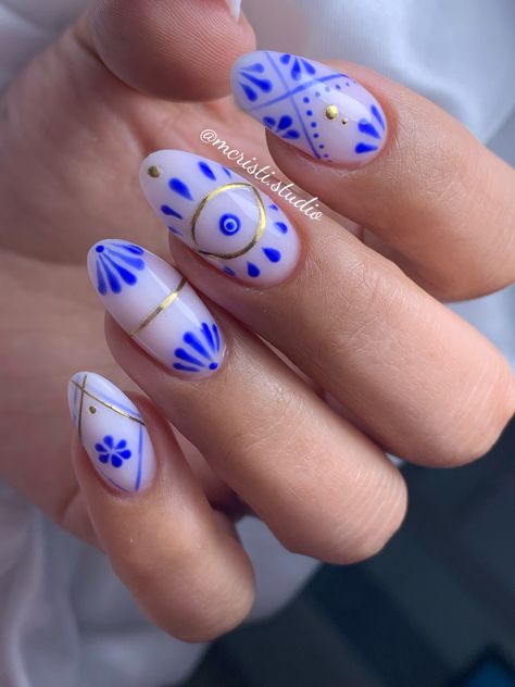 Greek Nail Art Design, Morocco Inspired Nails, Turkish Nails Designs, Hamsa Nails, Greek Nail Art, Morocco Nails, Turkish Eye Nails, Croatia Nails, Cobalt Nails