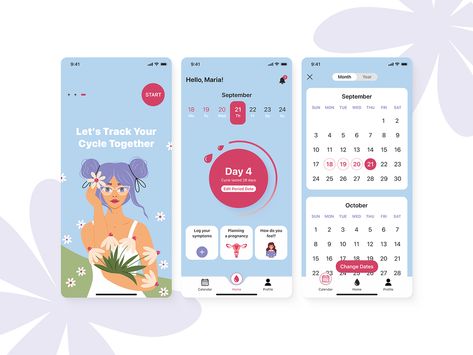 Period Tracking App by Tetiana Thiel on Dribbble Period Tracking App, Period Apps, Menstrual Calendar, Period Tracker App, Period Tracking, Track Period, Figma Design, App Design Layout, Mobile App Design Inspiration