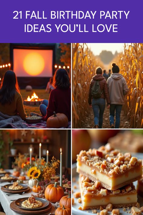 Searching for creative fall birthday party ideas? Look no further! Check out these 21 fun themes for your autumn celebrations. From an enchanting outdoor movie night under the stars to a festive corn maze adventure, and a caramel apple bar experience, we’ve got something for everyone. Whether it’s a cozy harvest party or crafting with friends, each idea ensures your special day is memorable. Get inspired to celebrate the season in style with our awesome suggestions that showcase the best of fall festivities! Backyard Campfire Party, Outdoor Movie Birthday, Campfire Party, Pumpkin Painting Party, Caramel Apple Bars, Apple Bars, Bonfire Party, Pumpkin Carving Party, Fall Birthday Parties