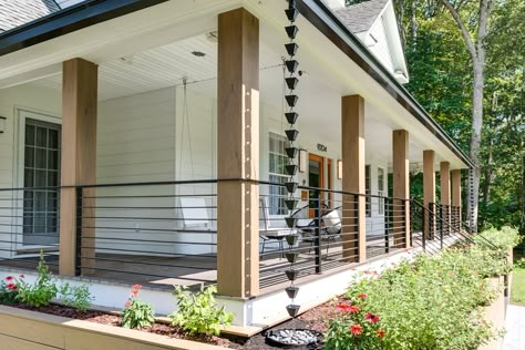 Renovated Front Porch, Porch Architecture Design, Wood Pillars Front Porch Modern, Porch Post Corbels, Front Porch Exterior Ideas, 2 Story Front Porch Ideas, Modern Farmers Porch, Front Porch Horizontal Railing, Modernize Front Porch