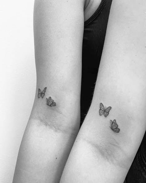 Two Butterflies Kissing Tattoo, Matching Ankle Tattoos Mother Daughters, 3 Small Butterflies Tattoo On Wrist, Cute Matching Tattoos With Mom, Mom And Daughter Tiny Tattoos, Butterfly Tattoo For Mom And Daughter, Mum And Daughter Tattoo Butterfly, Matching Tattoos For Grandmother And Granddaughter, Butterfly Tattoo For Sisters