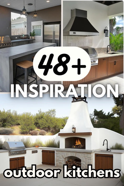 A collage of four outdoor kitchen designs featuring modern elements. The top left showcases a sleek concrete countertop with bar stools, an outdoor grill, and large stainless steel appliances. The top right displays a stylish outdoor kitchen with wooden cabinetry and a distinctive hood above the grill. The bottom left includes a rustic setup with stone features and a cozy fireplace, while the bottom right highlights another structured kitchen with a grill and contemporary aesthetics Bbq Guys Outdoor Kitchen, Outdoor Kitchen Layout Ideas, Outdoor Kitchen Backsplash Ideas, Mini Outdoor Kitchen, Outdoor Kitchen With Pizza Oven, Outdoor Cooking Fireplace, Bbq Areas, Covered Outdoor Kitchens, Rustic Outdoor Kitchens