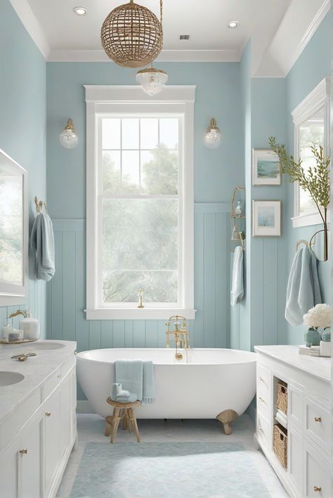 Step into a tranquil coastal bathroom oasis with soothing Misty Blues and Grays. Explore how Rain (SW 6219) adds a serene touch to your daily interior designer routine. #Ad #homedecor #homedesign #bathroom #Painthome interiorarchitecture best Wall Colors for Bathroom Colors Bright Room Colors best colors combinations bathroom bathroom Remodeling Modern Paint Colors 2024 Blue Bathroom Palette, Pale Blue And White Bathroom, Pale Teal Bathroom, Light Blue Boho Bathroom, Bathroom With Light Blue Walls, Rain Sherwin Williams Bathroom, Sw Tradewind Bathroom, Sw Coastal Paint Colors, Baby Blue Bathroom Ideas