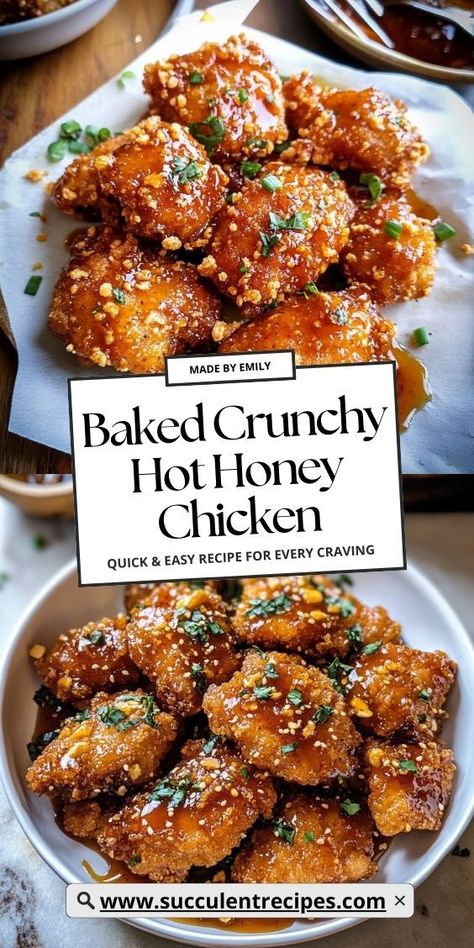 Get the perfect crunch with this Crispy Oven-Baked Hot Honey Chicken! Juicy chicken breasts coated in a crunchy crust and finished with a drizzle of hot honey make this dish as delicious as it is easy to prepare. Honey Crunch Chicken, Hot Honey Chicken Nuggets, Hot Honey Chicken Meatballs, Crusted Chicken Breast Recipes, Hot Honey Chicken Breast, Baked Crunchy Hot Honey Chicken, Baked Hot Honey Chicken, Crunchy Hot Honey Chicken, Hot Honey Chicken Recipe