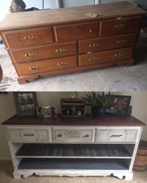 Converting Dresser To Tv Stand, Convert Dresser To Tv Stand, Dresser To Buffet, Recycled Dresser, Tv Console Furniture, Refinished Dresser Diy, Custom Sideboard, Dresser Turned, Upcycled Furniture Before And After