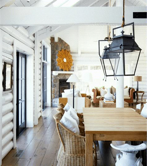 Rustic home - Rue Mag log cabin painted white White Log Cabin, Painted Log Cabin, Log Cabin Interior Design, Cabin Homes Interior, Log Home Interior, White Cabin, Modern Log Cabin, Cabin Remodel, Cabin Interior Design