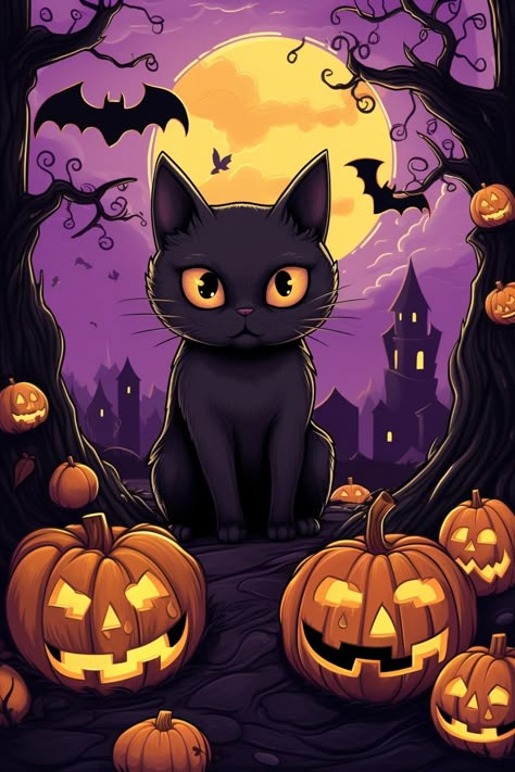 #halloween Witchy Phone Wallpapers, Halloween Art Crafts, Spooky Painting Ideas, Black Cat Autumn, Halloween Cat Art, Cute Fox Drawing, Facts And Myths, Halloween Tumblers, Facts About Halloween