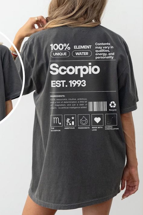 "Scorpio Zodiac T-shirt" is a personalized horoscope gift for Scorpios. It features the Scorpio symbol and the phrase "In My Scorpio Era". #zodiac #horoscope #scorpio / #Scorpio_Shirt #Normal_Fashion #Zodiac_Tshirt #Tailgate_Shirt Unique Shirt Design Ideas, Yoga Merchandise, Outfit Ideas Shirt, Scorpio Shirt, Zodiac Tshirt, Art Tshirt Design, Normal Fashion, Shirt Design Ideas, Astrology Shirt