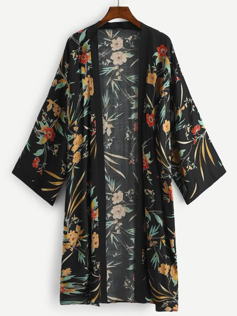 Plus Botanical Print Open Front Kimono -SheIn(Sheinside) Fancy Abaya, Kimono Online, Abaya Collection, Open Kimono, Mode Kimono, Iranian Women Fashion, Hijab Style Casual, Fashion Top Outfits, Muslim Women Fashion