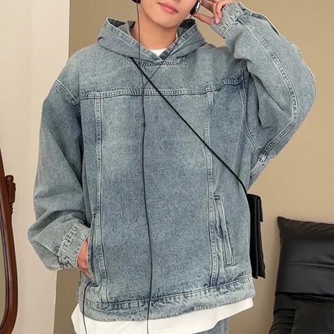 Denim Pullover, Denim Sweatshirt, Hoodies Men Style, Denim Hoodie, Loose Hoodie, Coat Women Fashion, Mens Spring Fashion, Hoodie Outfit, Fashion Spring