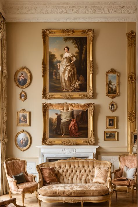 18th Century Living Room, Baroque Castle Interior, Venetian Interior Design, Historical Art Aesthetic, Victorian Mantle Decor, Rococo Home Decor, Antique Living Room Ideas, Art Deco Livingroom, Vintage Salon Decor