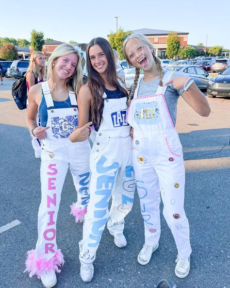 Spirt Overalls School, Senior Year Overall, Hoco School Spirit Day, Pink Out Overalls Spirit Week, Senior Jeans Painted 2023 Blue, Pink Out Pants Spirit Week, Senior Day Outfits, Senior Year Overall Ideas, Senior Overalls 2024