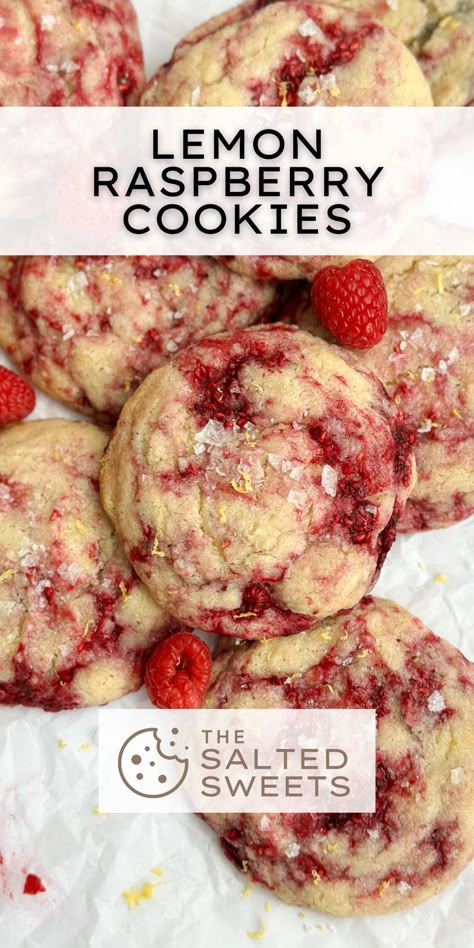 These lemon raspberry cookies are a sweet lemon cookie base made using both lemon zest and juice, and studded with raspberries in every bite. They're soft and chewy with a perfectly balanced sweet and tart flavor. Lemon Crumbl Cookie Copycat, Interesting Cookie Flavors, Yea Party Desserts, Fruit Flavored Cookies, Things To Make With Raspberries, Fruity Cookies Recipes, Stuffed Lemon Cookies, Raspberry Jam Desserts, Raspberry Lemon Desserts