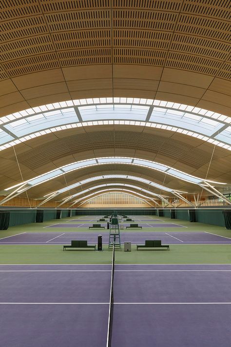 Hopkins Architects tops Wimbledon tennis courts with racket-informed roof Wimbledon Tennis Courts, Wimbledon Centre Court, Tennis Court Design, Hopkins Architects, Indoor Tennis, Badminton Court, Tennis Aesthetic, Community Amenities, Timber Roof