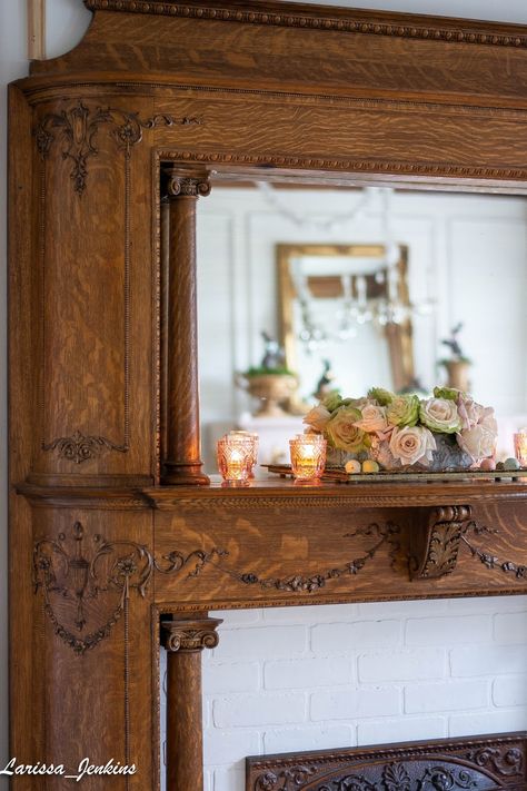 Fireplace Makeover Antique Victorian Fireplace Mantels, Fireplace Antique Mantle, Unique Fireplace Surround, Mantel On Wall No Fireplace, Brick Fireplace With Antique Mantel, Victorian Fireplace Makeover, 19th Century Fireplace, Antique Wood Mantle Fireplace, 1900 Kitchen Design