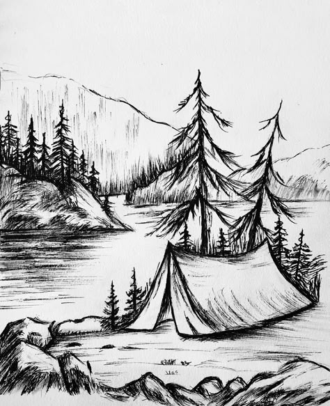 Draw Landscape Pencil, Sketches Nature Simple, Easy Sketches Landscapes, Sketching Nature Landscapes, Sketches Nature Landscapes, Outdoor Scene Drawing, Mountains And Trees Drawing, Drawing Ideas Landscape Pencil Easy, Natur Drawing Ideas