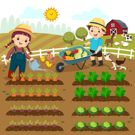 Picture Story For Kids, Farm Cartoon, Vegetable Drawing, Vegetable Cartoon, Farm Pictures, Picture Composition, Farm Kids, Picture Story, Cartoon Background