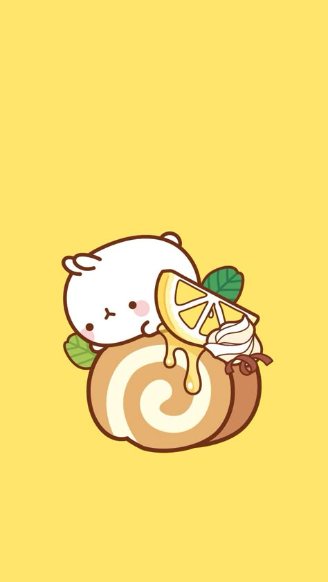 Molang and Lemon Swiss Roll                                                                                                                                                                                 Más Molang Wallpaper, Images Kawaii, Cute Kawaii Drawings, Yellow Wallpaper, Kawaii Doodles, Kawaii Animals, Kawaii Wallpaper, Cute Backgrounds, Kawaii Drawings