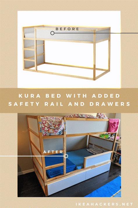 Ikea Kura Bed Repurpose, Ikea Kura Bunk Bed With Drawers, Kura Bed As Bunk Bed, Kura Bed Safety Rail, Ikea Kura Bed Lifted, Kura Under Bed Storage, Kura Reversible Bed Ideas, Kura Bed Rail, Kura Bed Storage Underneath