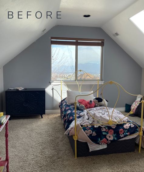 Girls Dormer Teen Bedroom Makeover - Nesting With Grace Decorating A Room With Dormers, Painting Room With Slanted Ceiling, Loft Bedroom With Dormer, Accent Wall Slanted Ceiling, Painting Sloped Ceilings, Dormer Bedroom Paint Ideas, What To Do With Dormer Space, Bedroom With Dormers, Sloped Ceiling Bedroom Kids