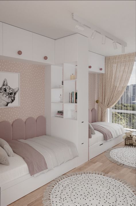 Soft white-pink room for girls Bedroom Ideas For 3 Sisters, Small Room Cozy, Sisters Bedroom Ideas, Small Room Girl, Small Girls Bedrooms, Sister Bedroom, Sibling Room, Shared Girls Room, Sister Room