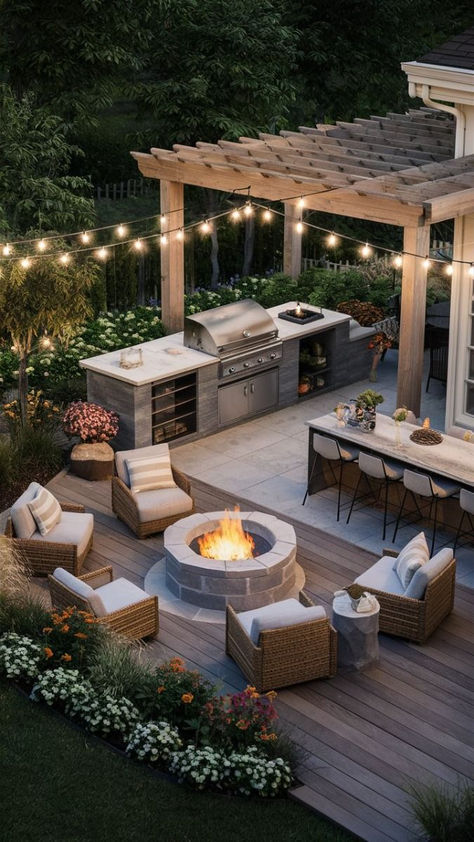 Patio With Bbq And Fire Pit, Bbq And Fire Pit Area, Modern Family Backyard, Backyard Hosting Space, Bbq Landscape Design, Ultimate Outdoor Entertaining Area, Backyard Hot Tub Landscaping Ideas, Backyard Patio Pool Designs, Bbq Zone Outdoor Spaces