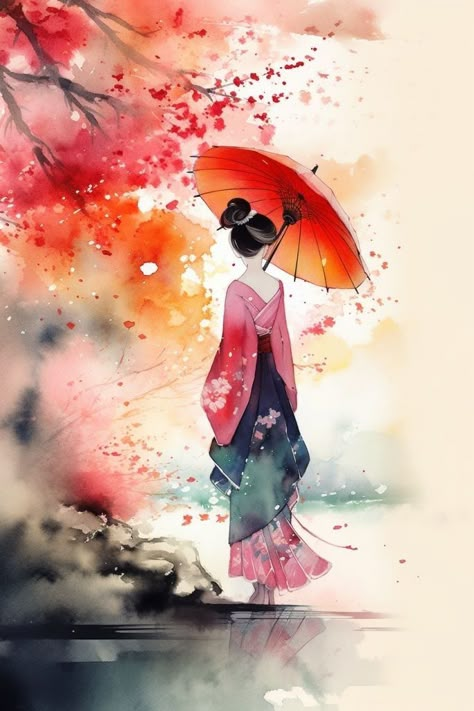 Asian Paintings Japan, Watercolour Japanese Art, Japanese Watercolour Painting, Watercolour Inspiration Landscape Easy, Watercolour Inspiration Aesthetic, Japan Painting Easy, Watercolour Japan, Japanese Abstract Art, Watercolour Art Ideas Creative