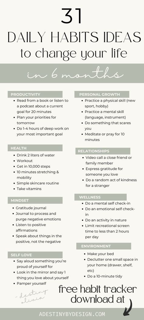 Tap this pin to get a free habit tracker template for maximum productivity, goal achievement, mental peace & self growth ✨ Free download in 3 formats, 3 themes.
 / daily habits to change your life, to do list for healthy lifestyle, how to have healthy lifestyle, healthy habits and routines, list of good habits, how to change your life in 2025, daily habits journal, getting into a routine, forming good habits, daily productive habits, #growthmindset #dailyhabits #powerofpositivity Get Your Life Together Aesthetic, Get My Life Together Checklist, Life Together Aesthetic, Aesthetic Checklist, Life To Do List, Habits Journal, Together Aesthetic, Free Habit Tracker, Daily Routine Habits