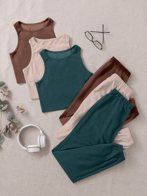 3sets Tank Top & Sweatpants Lounge Set Cute Cheap Tank Top For Loungewear, Trendy Crop Top Tank For Loungewear, Cropped Tank Top For Loungewear, Trendy Crop Top T-shirt For Loungewear, Cheap H&m Loungewear Tops, Sweatpants Set Outfit, Inspired Outfits, Sweatpants Set, Cute Lazy Outfits