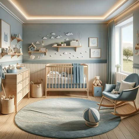 Transforming a nursery into a cozy haven for your little one doesn't have to be challenging. From whimsical wall art to soft plush rugs, these adorable baby boy nursery decor ideas will inspire you to create a space that is both functional and stylish. Cute Simple Nursery Ideas, Blue Nursery Color Palette, Nursery Ideas Light Blue, Light Blue Nursery Ideas, Blue Themed Nursery, Light Blue Baby Room, Baby Boy Room Inspiration, Boy Baby Room Ideas Nurseries, Light Blue Baby Boy Nursery