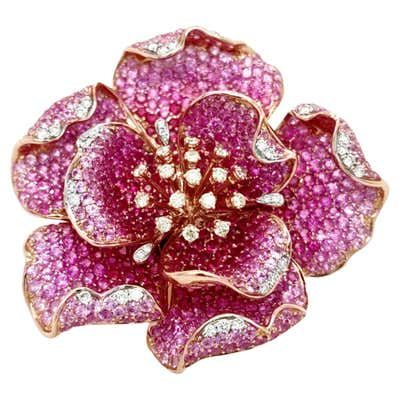 Late Deco Diamond, Emerald and Ruby Lily Brooch, circa 1940s For Sale at 1stDibs Convertible Jewelry, Pin Ring, Diamond Flower Pendant, Flowers Jewelry, Rose Gold Flower, Personalized Anniversary Gifts, Green Garnet, Purple Jewelry, Diamond Brooch