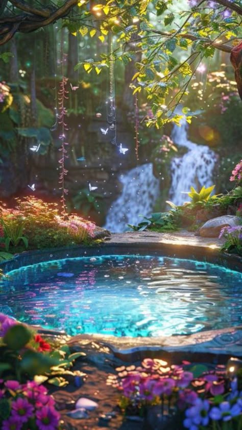 Magical Door Aesthetic, Fairy Waterfall Aesthetic, Magic Pool Fantasy Art, Magical Fairy Garden Aesthetic, Magical Kingdom Aesthetic, Magical Garden Aesthetic, Magic World Aesthetic, Fairy World Aesthetic, Fairy Magic Aesthetic