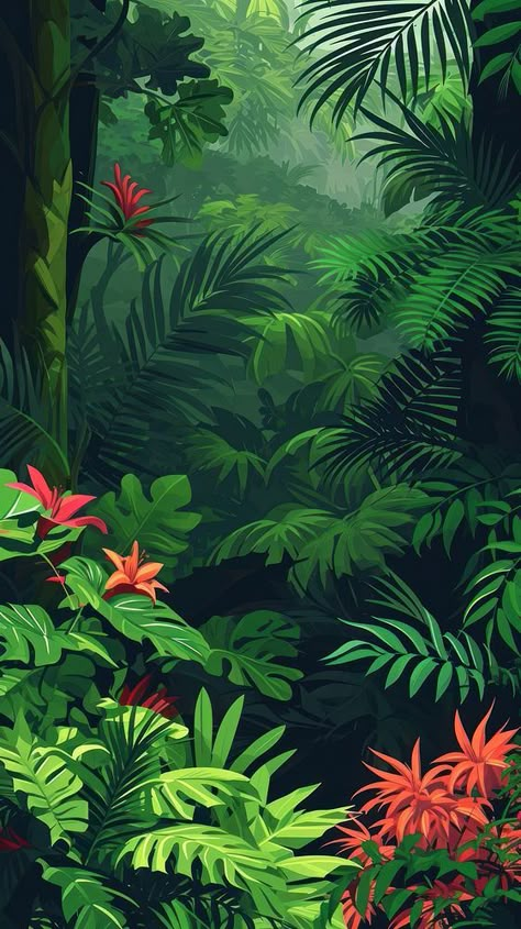 Tropical Tree Illustration, Forest Leaves Drawing, Tropical Forest Illustration, Tropical Plants Painting, Flower Wallpaper Green, Vegetation Illustration, Leaves Iphone Wallpaper, Tropical Plants Illustration, Rainforest Background