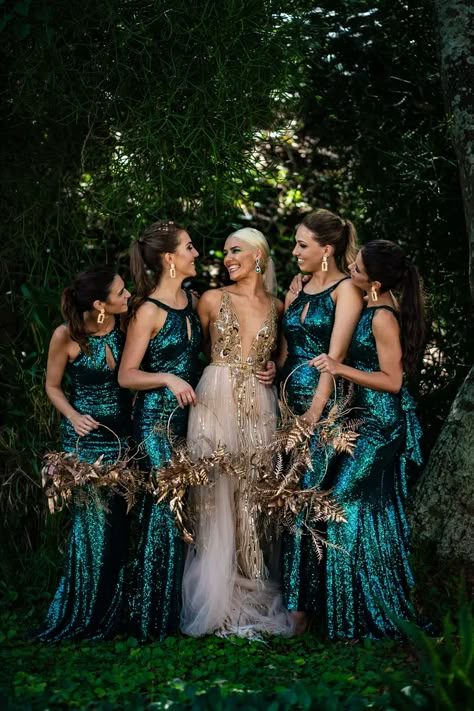 Emerald Wedding Dresses, Gold Wedding Gowns, Dark Green Wedding, Green Wedding Dresses, Sequin Bridesmaid, Gold Wedding Dress, Wedding Dress Guide, Alternative Wedding Dresses, Sequin Bridesmaid Dresses