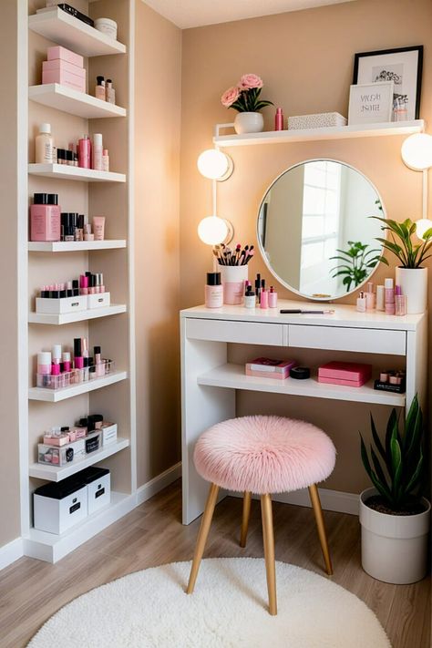 Dreamy Pink Makeup Vanity Ideas: 10 Stunning Setups to Transform Your Space - Beauty Storage Bedroom, Makeup Corner In Bedroom On Floor, Make Up Station For Small Space, Makeup Room Ideas Decor Small Spaces, Easy Vanity Ideas, Small Makeup Studio Ideas, Makeup Vanity Ideas For Small Spaces, Makeup Storage Ideas Bedroom, Vanity Storage Ideas Bedroom