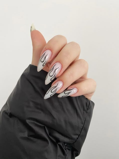 Flame Tip Nails Almond, Fire Nails Designs Almond, Almond Nails Designs Flame, Edgy Nails Almond Shape, Almond Fire Nails, Flame Nails Acrylic Almond, Almond Nails With Flames, Acrylic Nails Fire Design, Simple Flame Nails