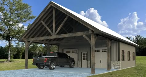 Shop With Overhang, Metal Garage With Carport, Shop With Carport, 30x40 Pole Barn Garage, Pole Barn Storage Ideas, 30x40 Pole Barn, Small Pole Barn, Pole Building Garage, Pole Barn Shop