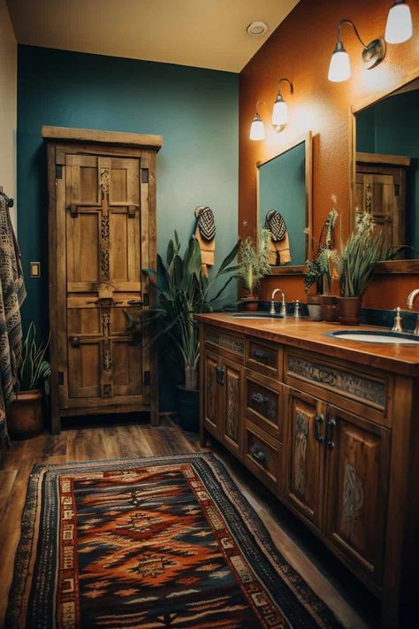 Cool Toned Bathroom Ideas, Ranch Style Bathroom Decor, Native American Bathroom Ideas, Western Bathroom Design, Western Paint Ideas Wall Colors, Southwest Inspired Bathroom, Old Western Style House, Dark Rustic Bathroom Ideas, Western Inspired Interior Design