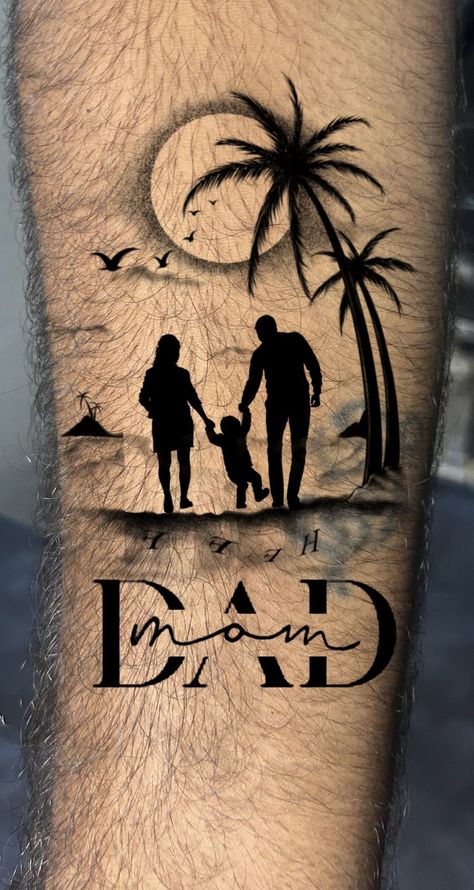 Tattoo Ideas For Men Family, Family Hand Tattoo, Dad And Mom Tattoo, Tattoo Mom And Dad, Mom Tattoo For Men, Sunset Tattoo Design, Mom Dad Tattoo Design, Mum And Dad Tattoos, Mom And Dad Tattoo