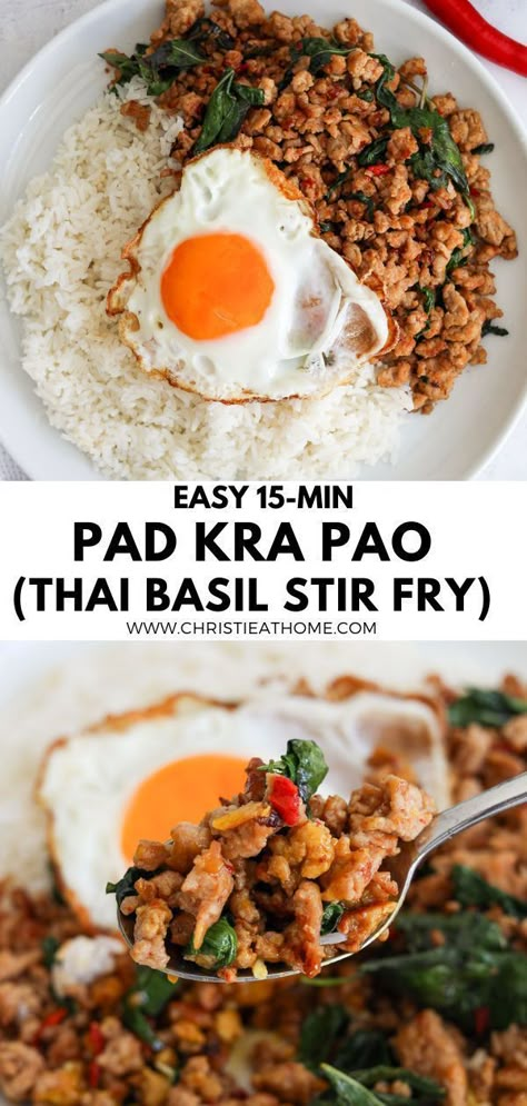 Pad Kra Pao (Thai Holy Basil Stir-Fry). If you love Thai food, you must try this savory meat stir-fry with holy basil, red chilis, garlic and shallots! This popular Thai dish is ready in 15 minutes with simple ingredients and is so delicious! Healthy Asian Stir Fry, Kra Pow Chicken, Pad Krapow Gai, Pad Kra Pow Recipe Thai Basil Chicken, Easy Thai Dishes, Thai Meal Ideas, Pad Gra Pow Thai Basil Chicken, Thai Express Pad Thai Copycat, Pad Kaprow Thai Basil