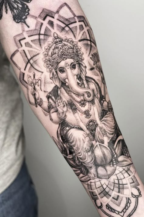 Ganesh Arm Tattoo, Ganesha Tattoo Forearm, Ganesha Back Tattoo, Ganesh Tattoo Design, Buddah Sleeve Tattoo, Ganesha Tattoo Sleeve, Ganesha Tattoo Design, Ganesha Tattoos, Tattoo Hindu