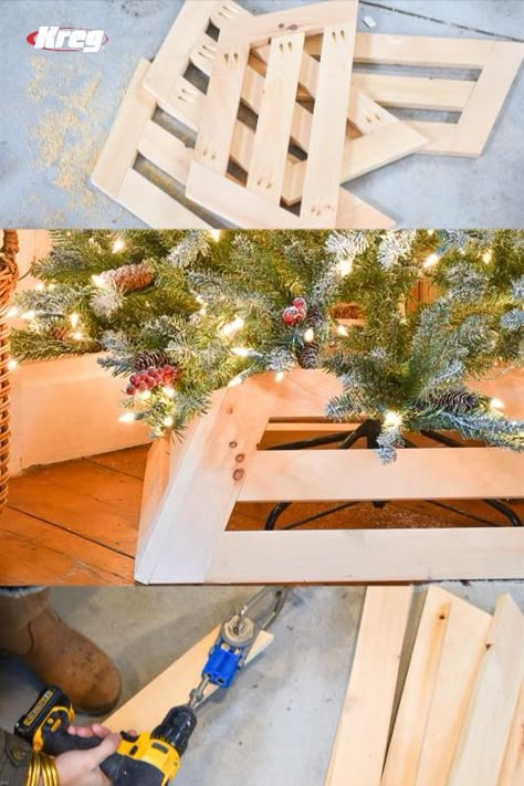 Using basic 1x4s, make this simple but chic Christmas tree skirt to add a hand-made wooden vibe to your holiday decor. The angled sides means this won't overwhelm your tree. Customize it to fit any sized tree stand! Add color or stain to personalize even further. Discover hundreds more DIY ideas + how-to videos at buildsomething.com! Wooden Tree Skirts, Wood Tree Skirt Diy, Wooden Tree Collar Diy, Wooden Christmas Tree Skirt, Wood Tree Collar Diy, Wooden Tree Skirt, Diy Wood Tree Collar, Raised Christmas Tree Stand Ideas, Christmas Tree Box Stand Diy