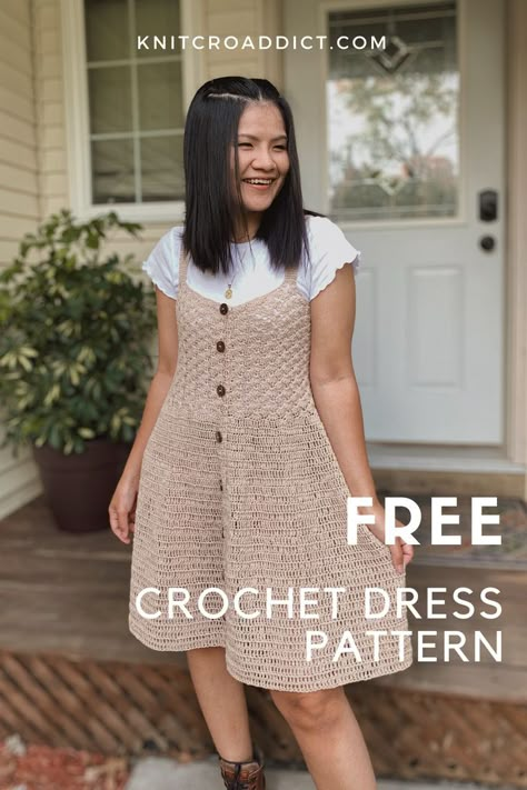 Free crochet dress pattern and video tutorial. Includes women's sizes XS-XXL. Crochet Dress Cardigan, Crochet Skater Dress Pattern Free, Crochet Dress Beginner, Crochet Apron Dress, Crochet Sweater Vest Dress, Crochet Fall Dress Pattern Free, Crochet Patterns Clothes Woman, Crochet Dress Inspiration, A Line Crochet Dress