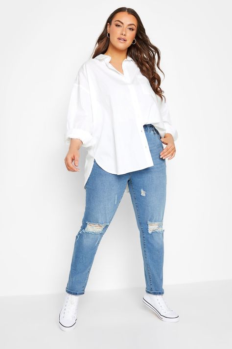 YOURS Plus Size White Poplin Oversized Shirt | Yours Clothing Plus Size White Button Down Shirt Outfit, Long White Shirt Outfit, White Oversized Shirt Outfit, White Long Sleeve Shirt Outfit, White Top And Blue Jeans, Long Sleeve Shirt Outfits, Oversized Shirt Outfit, White Shirt And Blue Jeans, Trousers And Loafers