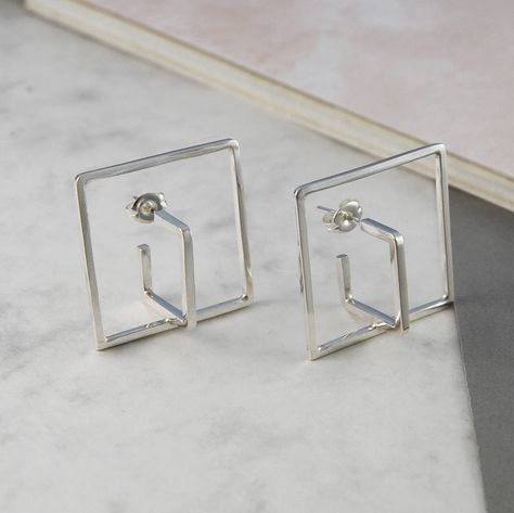 Silver Chain Earrings, Jewelry Design Inspiration, Geometric Studs, Jewelry Design Earrings, Geometric Jewelry, Unique Handmade Jewelry, Silver Stud Earrings, Earrings Stud, Geometric Earrings